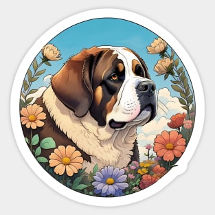 St Bernard Surrounded By Flowers Sticker